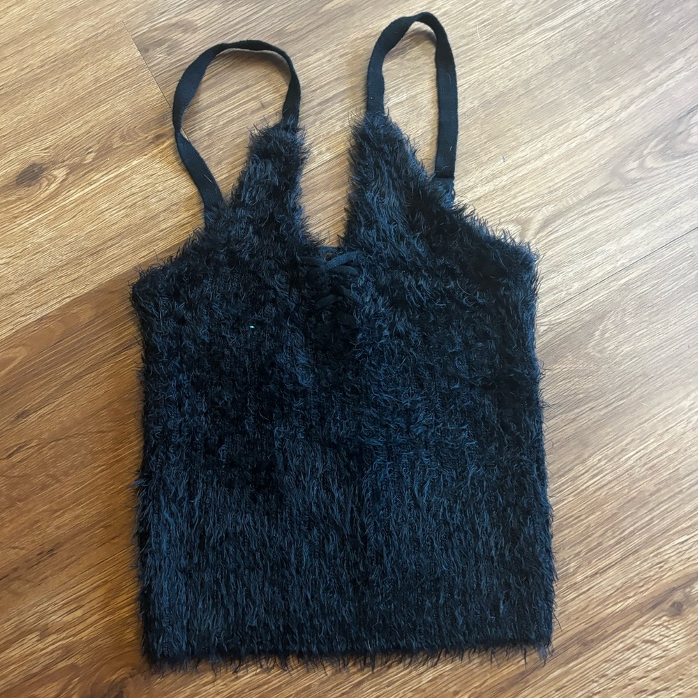 Fuzzy tank top with tie detail, size small